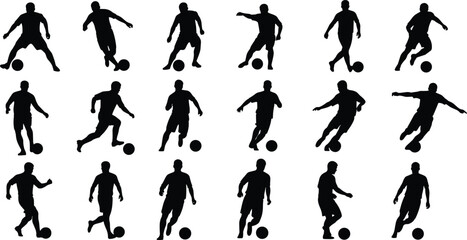 Soccer player poses, ball control action, kicking silhouette, dribbling movement, athletic gesture, training reference, flat vector illustration