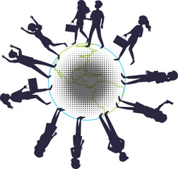 Global teamwork concept with people silhouettes around earth