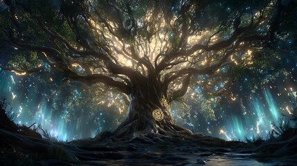 A massive oak tree shaped like a humanoid deity, roots intertwining with glowing veins of light, ancient symbols carved on bark, ethereal atmosphere 