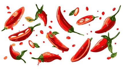 Bright red chili peppers are scattered across a white background with seeds and leaf accents