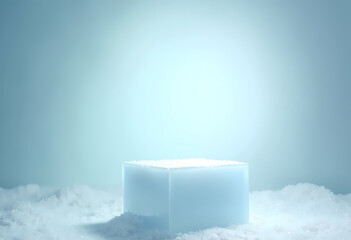 Ice block on snow with blue background