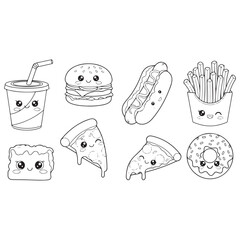 Collection of Cute Kawaii Fast Food Illustrations Outline vector