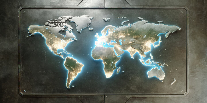 Illuminated world map on metal panel with glowing coastlines and city lights