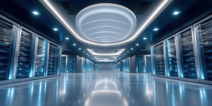 Futuristic server room with glowing racks and reflective floor conveying calm precision