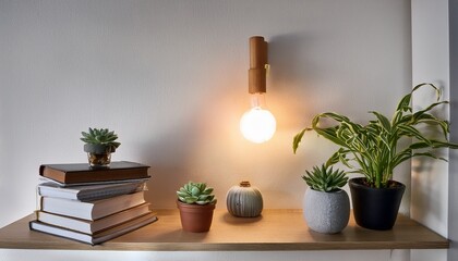 Fototapeta premium minimalist decor ideas stylish shelves with lamps books and succulent plants for a serene living space