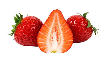 Three strawberries, two whole and one cut in half, displaying seeds and flesh, isolated on white background