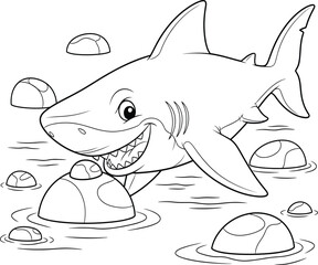 Cute Cartoon Great White Shark Swimming in Water with Rocks, Smiling and Playful, Ideal for Children's Coloring Books and Marine Life Education