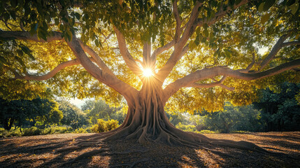 Bodhi tree with sunlight filtering through leaves symbolizing enlightenment and peace