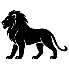 Minimalist black silhouette of a standing lion in profile with a bold mane and curved tail, a clean graphic on white—ideal for logos, tattoos, decals, and modern branding.