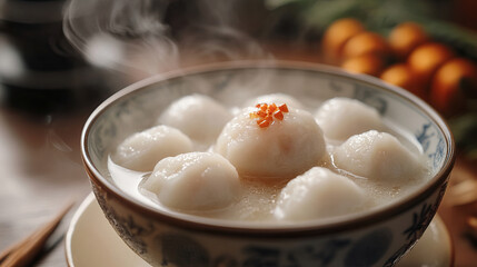 Bowl of sweet tangyuan in warm soup with steam rising, symbol of reunion and warmth during Dongzhi