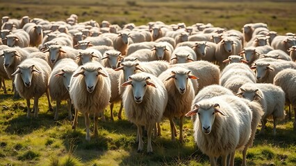 Naklejka premium karakul. A flock of karakul sheep grazing peacefully on a sunlit grassland. wildlife magazines, conservation campaigns, designed for nature documentaries and education, used by web designers.