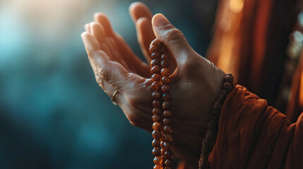 Close-up of hands holding prayer beads in meditation during Bodhi Day morning