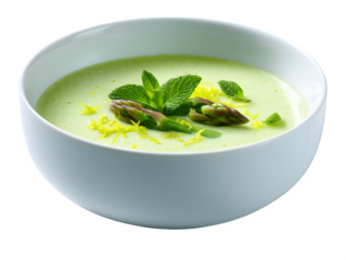 Velvety smooth green asparagus soup garnished with fresh mint and lemon zest