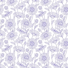 A repeating pattern of daisy flowers and buds in blue ink on a white textured background design art