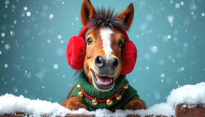 A cheerful brown horse wearing red earmuffs and a green sweater with bells, surrounded by falling snowflakes against a blue background.