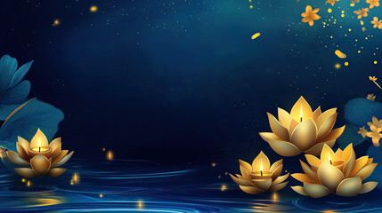 Decorative banner with golden krathongs, candlelight trails and shimmering blue gradient background