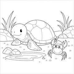 Adorable Cartoon Sea Turtle and Crab on a Sandy Beach with Rocks and Grass, Perfect for Kids' Coloring Pages and Ocean-Themed Projects