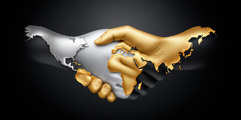 Gold and silver handshake forming world map, global cooperation and unity concept with elegant