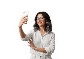 Young woman glasses taking a selfie her smartphone, isolated on transparent background