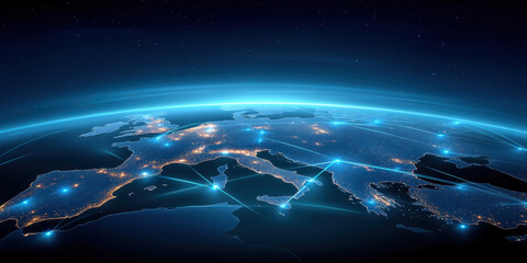 Digital map of Europe night with glowing network connections, futuristic blue glow and dynamic