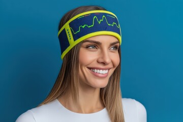 Young woman smiling confidently in a stylish colorful headband with data visualization patterns against a vivid blue backdrop expressing a fusion of fitness and technology ideals