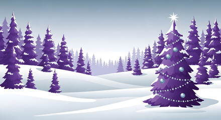 Snowy Christmas landscape with a decorated purple tree.