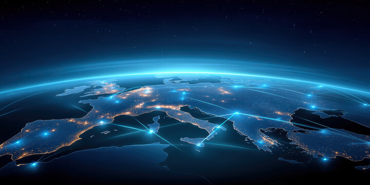 Digital map of Europe night with glowing network connections, futuristic blue glow and dynamic