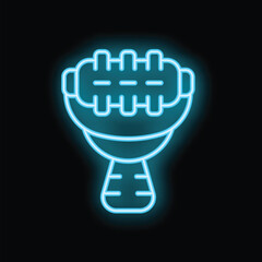 Blue neon sign of barbecue grill glowing on black brick wall