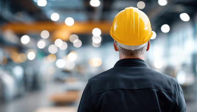 Construction worker with yellow hard hat inspecting industrial workshop interior, focused mood