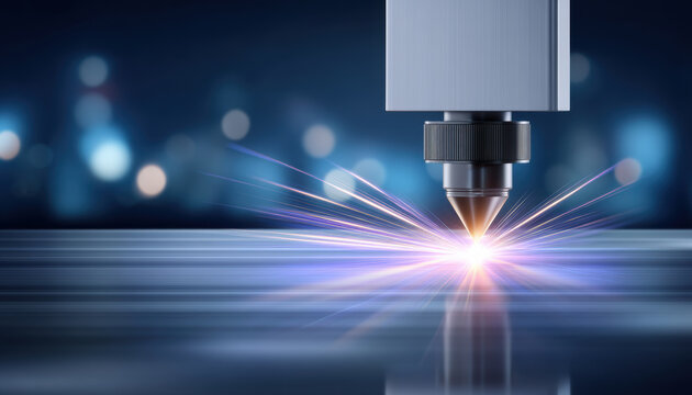 Laser cutting machine head creating bright sparks on metal surface with motion blur