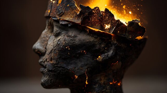 head made of ashes with single flame reigniting inside, symbol of resilience and mental healing, surreal conceptual art, warm orange and amber tones, 