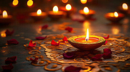 Festive Diwali background with golden rangoli on floor, floating petals and glowing oil lamps around