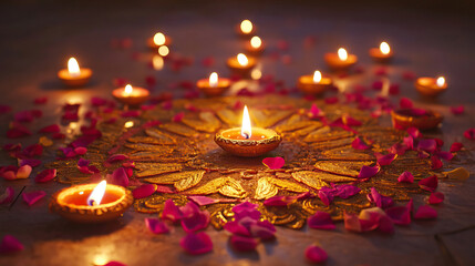 Festive Diwali background with golden rangoli on floor, floating petals and glowing oil lamps around