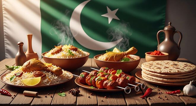 Pakistan Flag with Chicken Biryani, Seekh Kebab, and Chapati &ndash; 8K Ultra Realistic Traditional Pakistani Food Photography