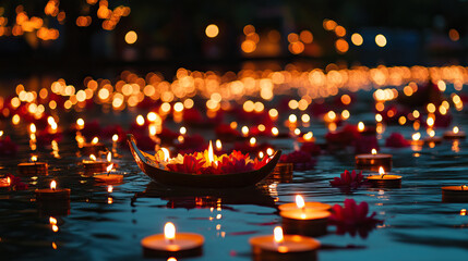 Floating candles and flowers on lake during Thai winter festival of light, reflection