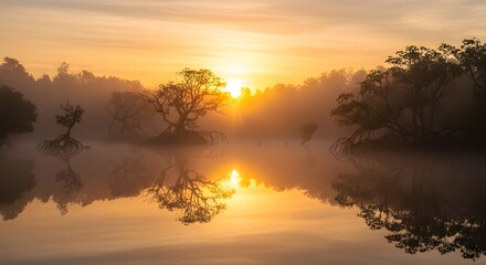 Fototapeta premium Golden sunrise over a misty lake with trees reflecting in the water