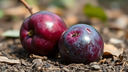 infamy. A ripe plum fallen on the ground with purple-red bruise marks, natural lighting, shallow depth of field. gardening catalogs, home-decor guides, designed for gardening and botanical catalogs.