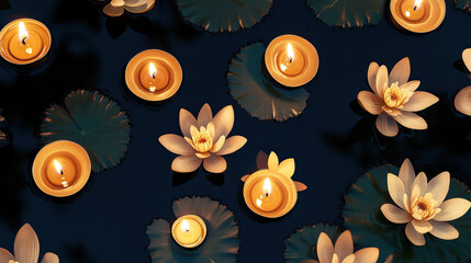 Minimal Thai-inspired pattern background with golden floating candles on calm water surface and lotus