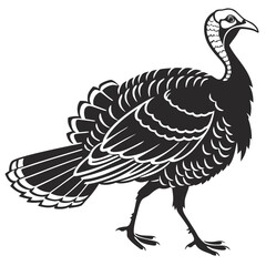 Stylized black silhouette of a walking turkey with detailed feathers and white accents on a white background