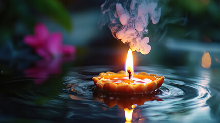 Single krathong with candle flame, incense smoke swirling above water surface