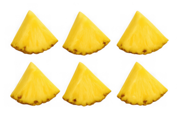 Six bright yellow pineapple slices arranged in two rows offering a tropical refreshment concept isolated on transparent background