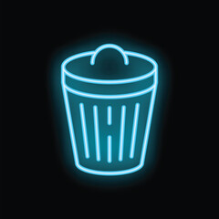 Blue neon sign of a trash can glowing on a black background