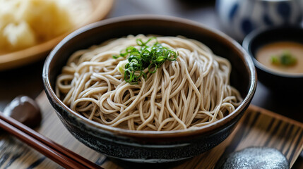 Soba noodles served on traditional plates for Omisoka dinner, steam and chopsticks