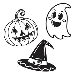 Cute cartoon halloween pumpkin ghost and witch hat isolated on white background for design