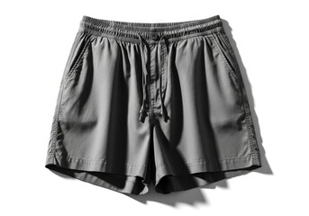 A pair of grey shorts featuring an elastic waistband front pockets and a visible drawstring closure