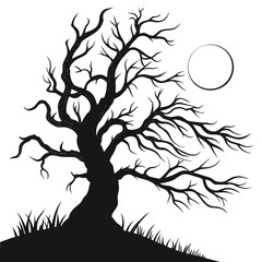 Silhouette of a gnarled bare tree with twisted branches against a white background and a circular moon