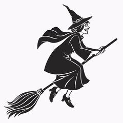 Stylized silhouette of a happy witch flying on a broomstick wearing a pointed hat and flowing cape
