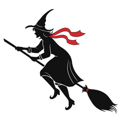 Fototapeta premium Silhouette of a witch wearing a pointed hat and flowing dress riding a broomstick with a red scarf