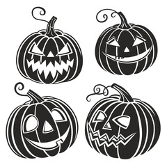 Four black silhouette halloween jack o lantern pumpkins with different carved faces and swirling stems on white background