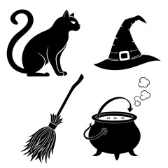 Black silhouette icons of a witchs hat broomstick cauldron and a black cat on a white background